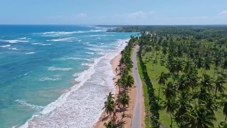 vuelo de drones sobre la costa tropical con palmeras, playa de arena y olas en el mar caribeño de color turquesa en verano - arroyo salado, república dominicana