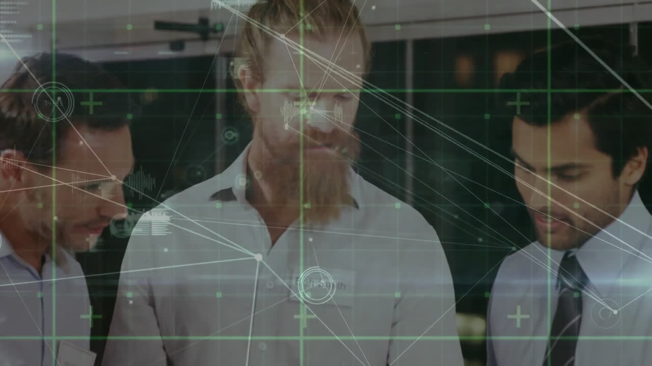 animación de una red de conexiones entre diversos colegas que discuten el trabajo en la oficina