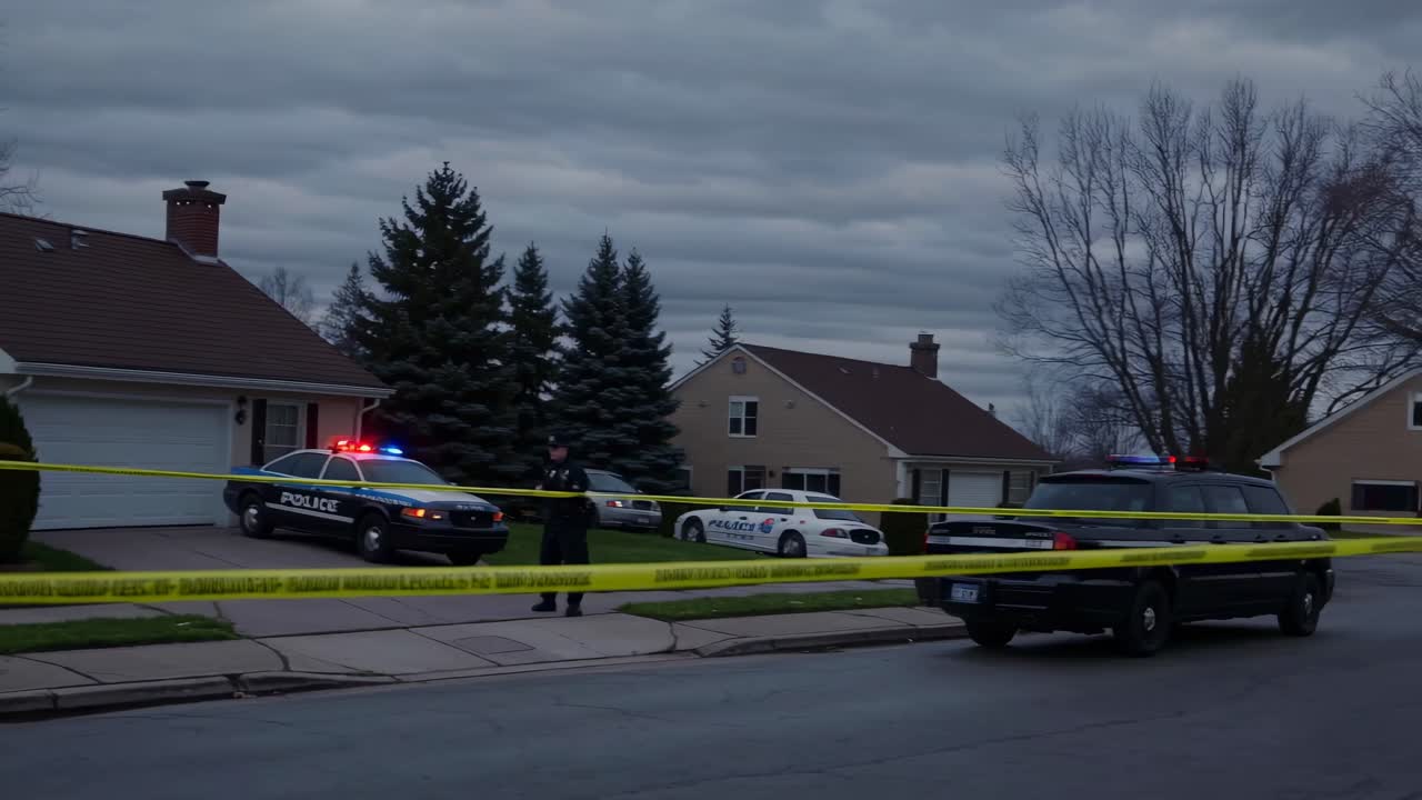 A video still shows a suburban street with police cars and yellow tape, captured from a low angle