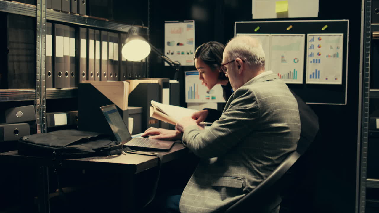 oficiales de la ley leyendo carpetas confidenciales en la sala de archivos de una empresa privada