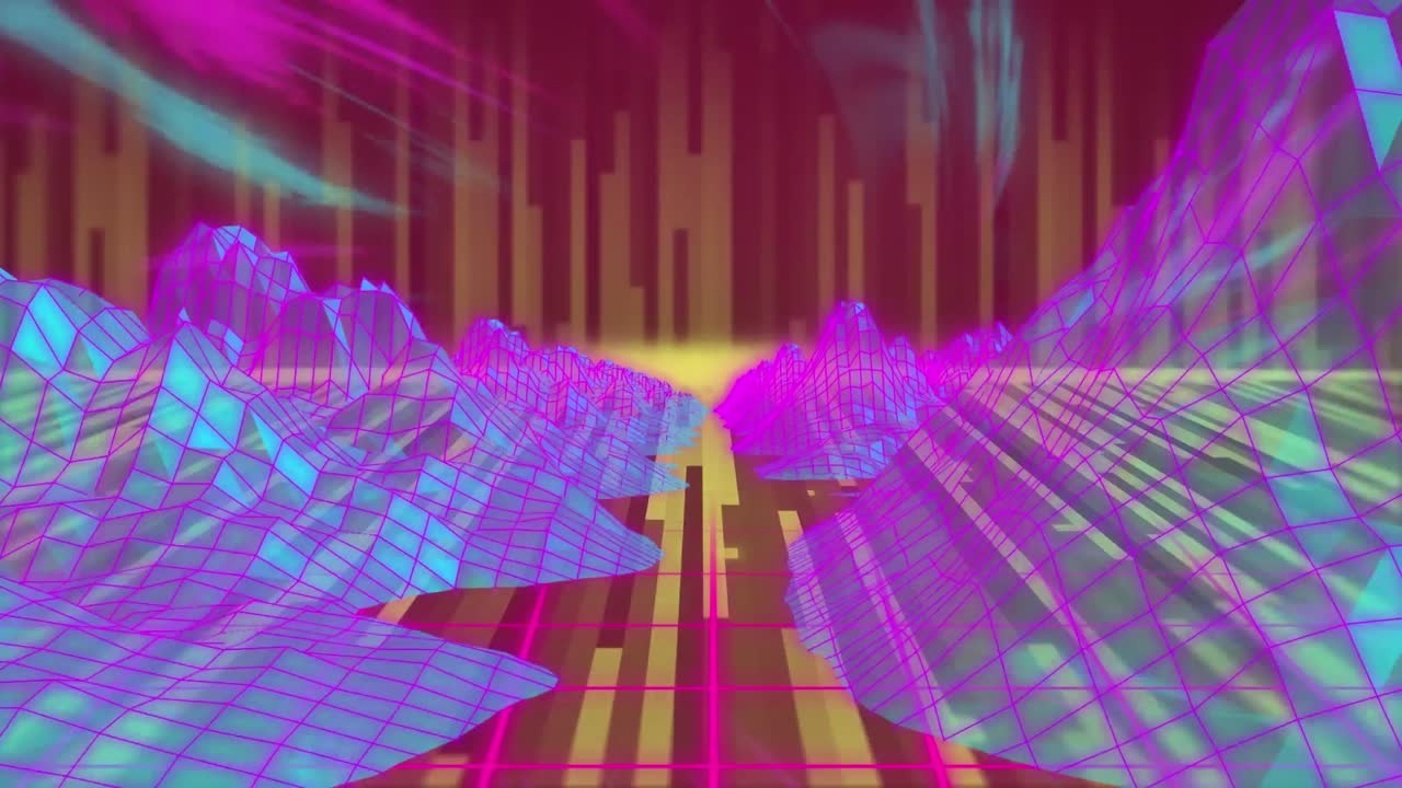 디지털 산과 검은색 배경의 모양 위에 다채로운 빛의 흔적의 애니메이션