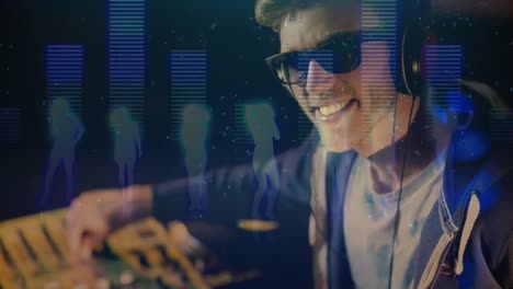 digital animation showing smiling disco jockey mixing music in pub