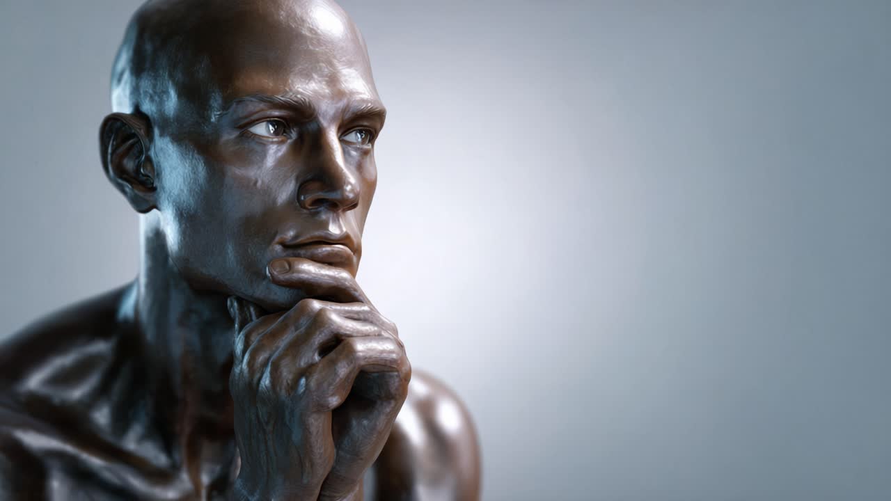 A contemplative bronze sculpture of a male figure, deep in thought, showcasing exquisite detail and lifelike expression amidst a subtle background