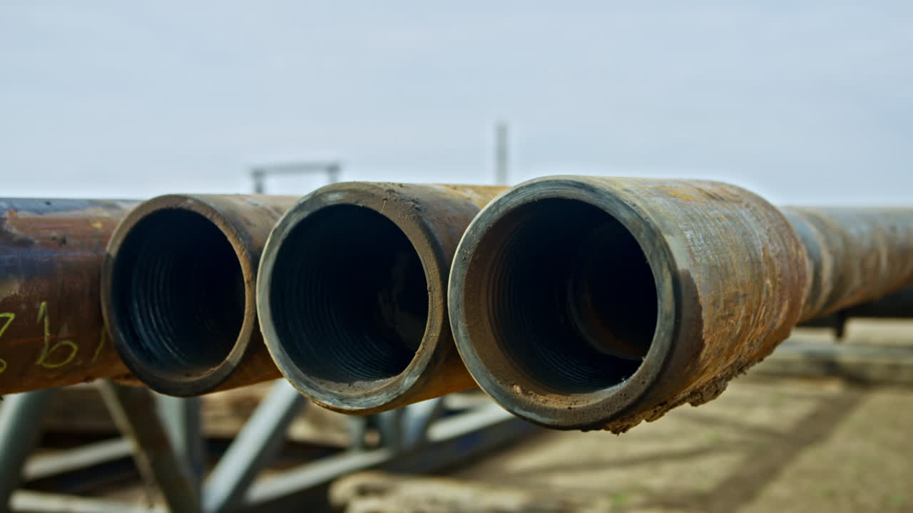 Empty pipes with rifles stored outdoors. The ground where the oil drilling takes place.