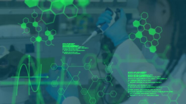 Animation of scientific data processing over caucasian female scientist in laboratory