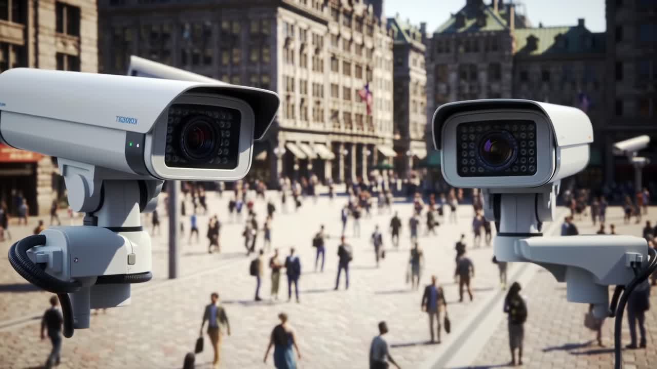 Sistema di sorveglianza in un'affollata piazza urbana: telecamere high-tech che monitorano folle e traffico in un moderno ambiente cittadino