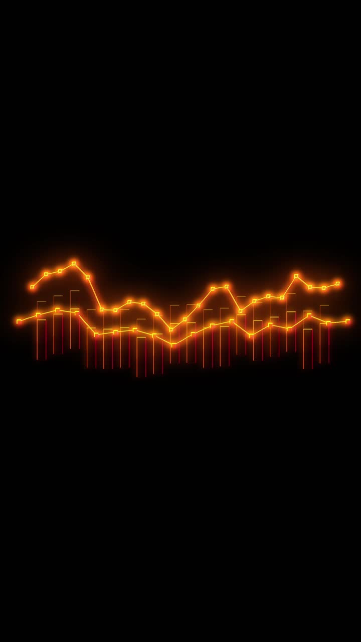 Animation of glowing gold bar chart and line graphs showing data fluctuation, seamless loop for social media on black background