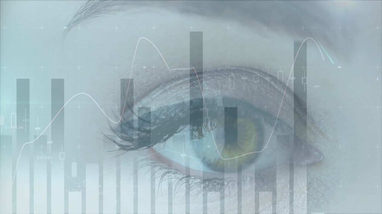 Animation of statistics and data processing over woman's eye in background