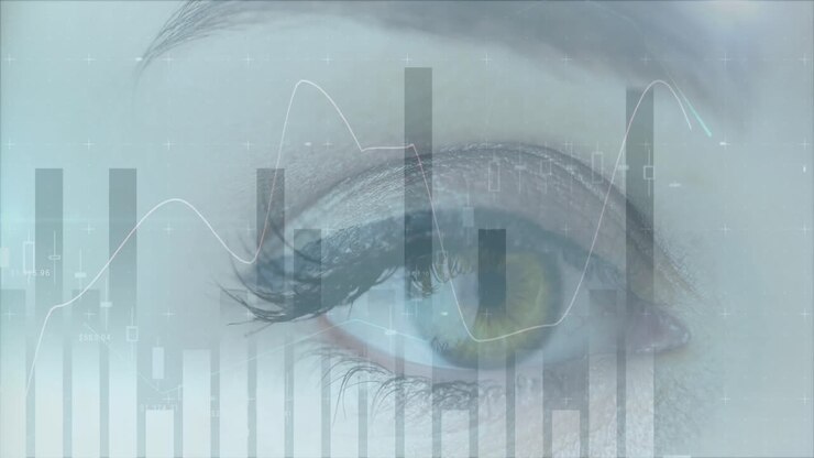 Animation of statistics and data processing over woman's eye in background