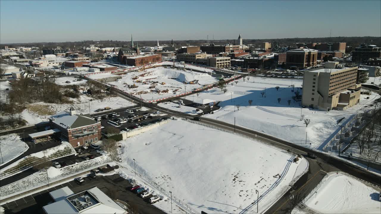 Aerial shot of downtown Clarksville Tennessee in the snow