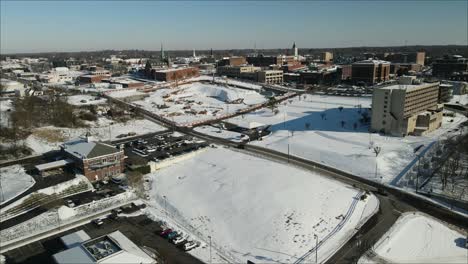 aerial shot of downtown clarksville tennessee in the snow