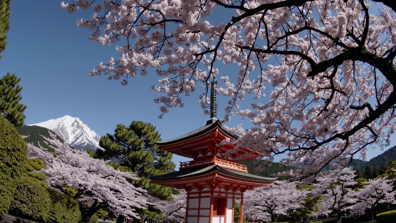 Pagoda giapponese tradizionale con fiori di ciliegio e montagne innevate