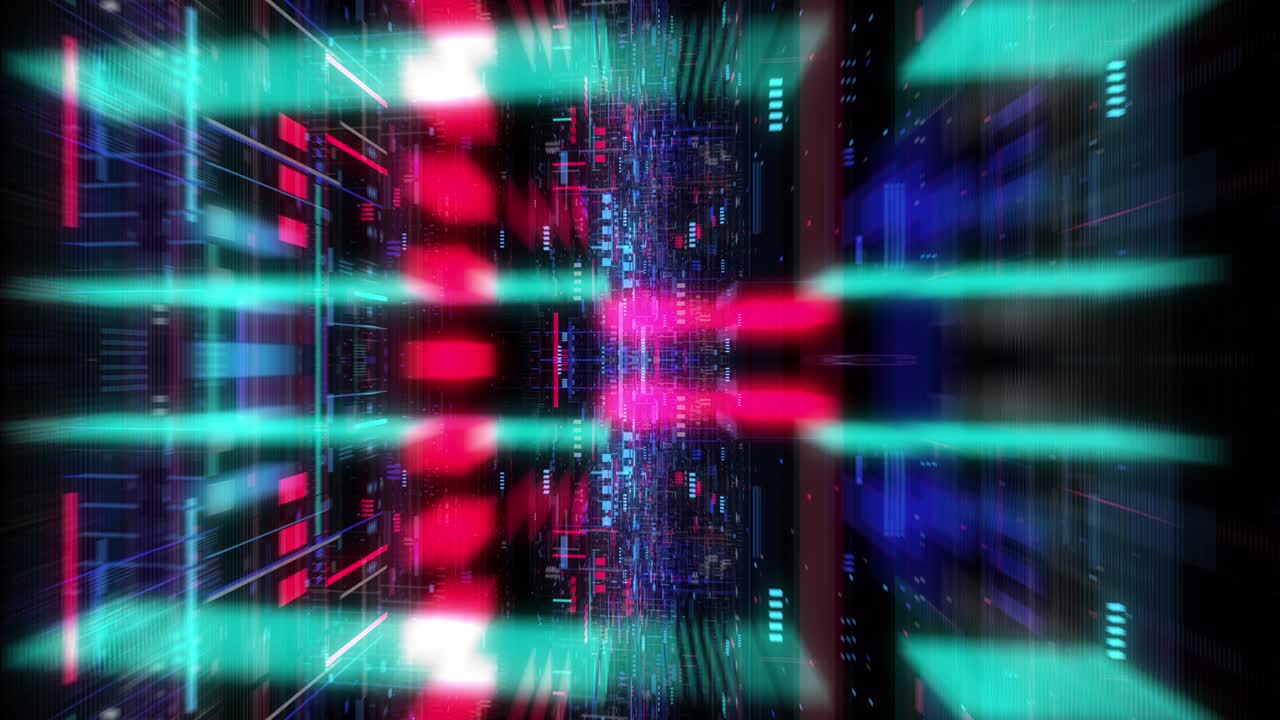 Flug über einen abstrakten Bewegungshintergrund, eine futuristische Leiterplatte, digitale Hauptplatine