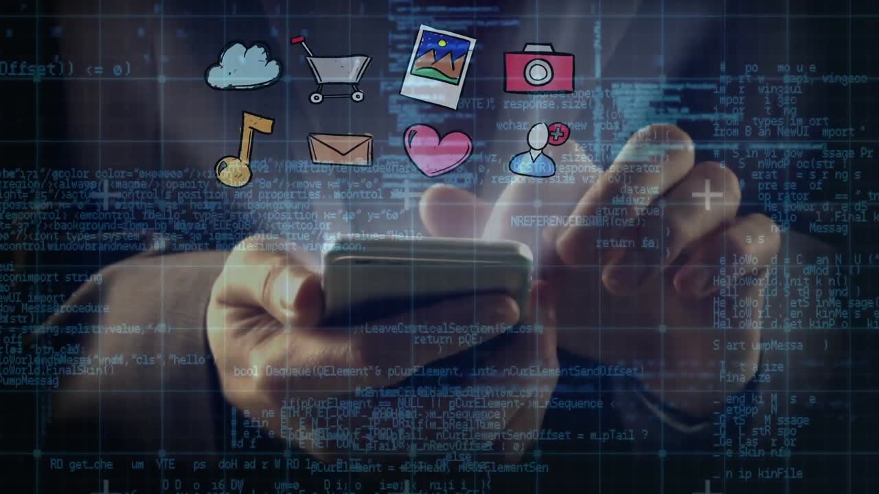 animación de los iconos de las redes sociales sobre el hombre de negocios que usa un teléfono inteligente