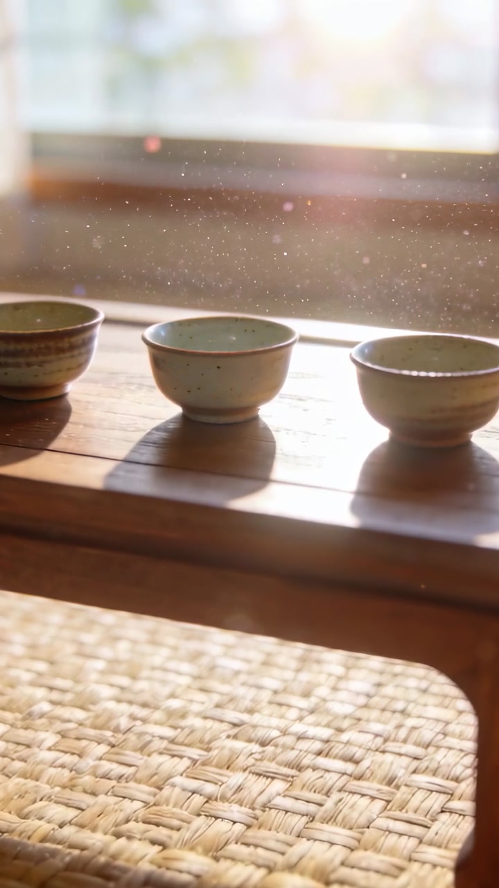 Vertical video: Sun moving motes, shifting shadows over 3 bowls on low bench, mat, window flare