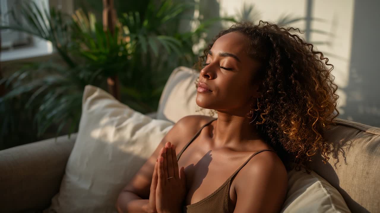 Mulher negra com os olhos fechados e palmas das mãos juntas, meditando por tranquilidade em um sofá, sob a luz do sol.