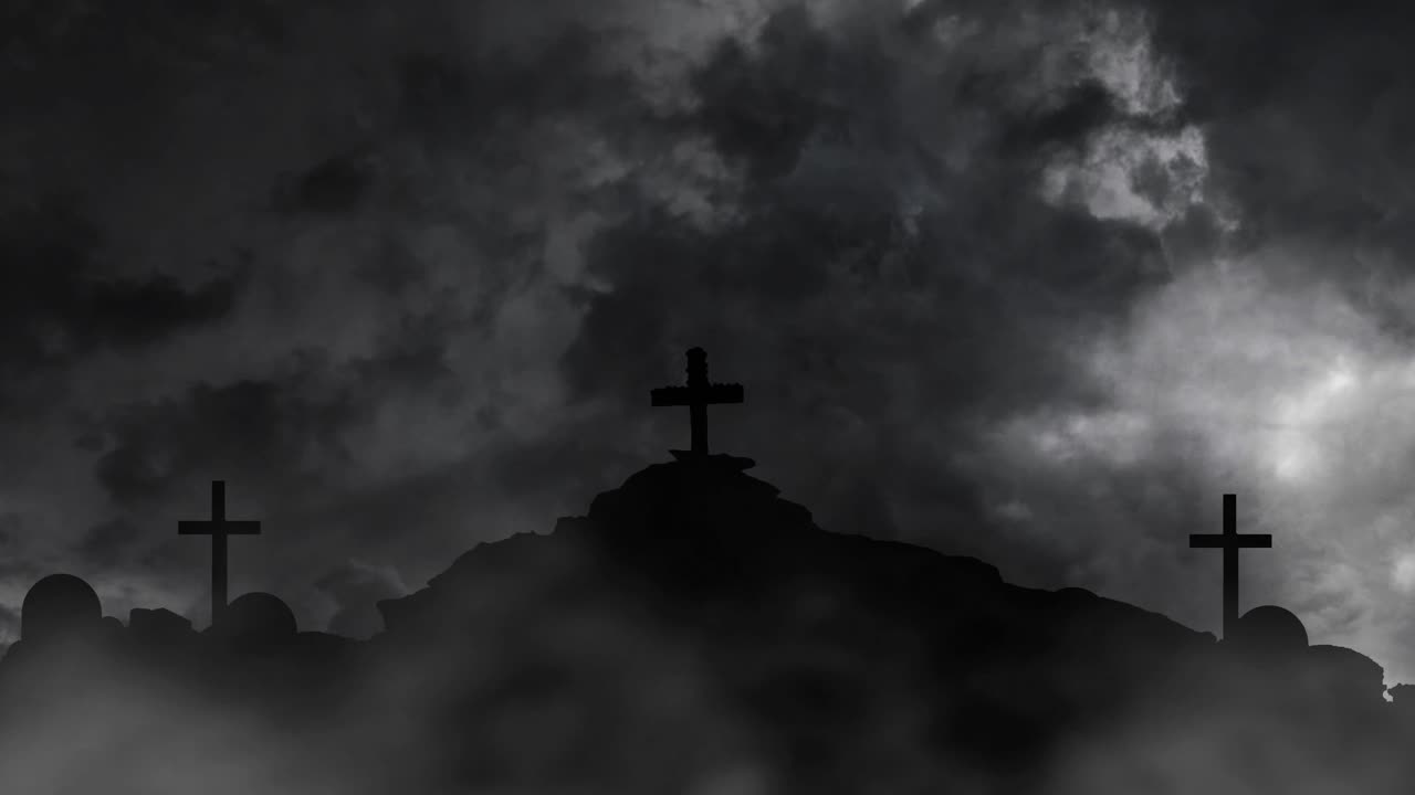 세 개의 십자가 무덤은 산과 천둥을  ⁇ 고 있습니다.