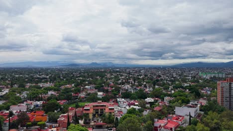 mexico city on a grey, cloudy rainy season afternoon, captured by drone
