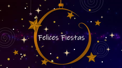 Animation-of-felices-fiestas-text-and-snow-falling-over-blue-background