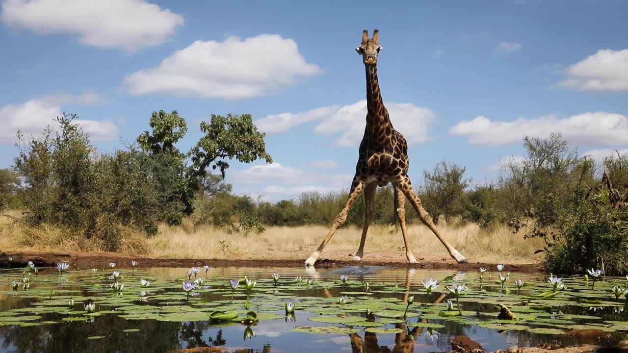 Splendida inquadratura ampia di una giraffa che beve da una pozza d'acqua, ripresa dal livello dell'acqua, Greater Kruger