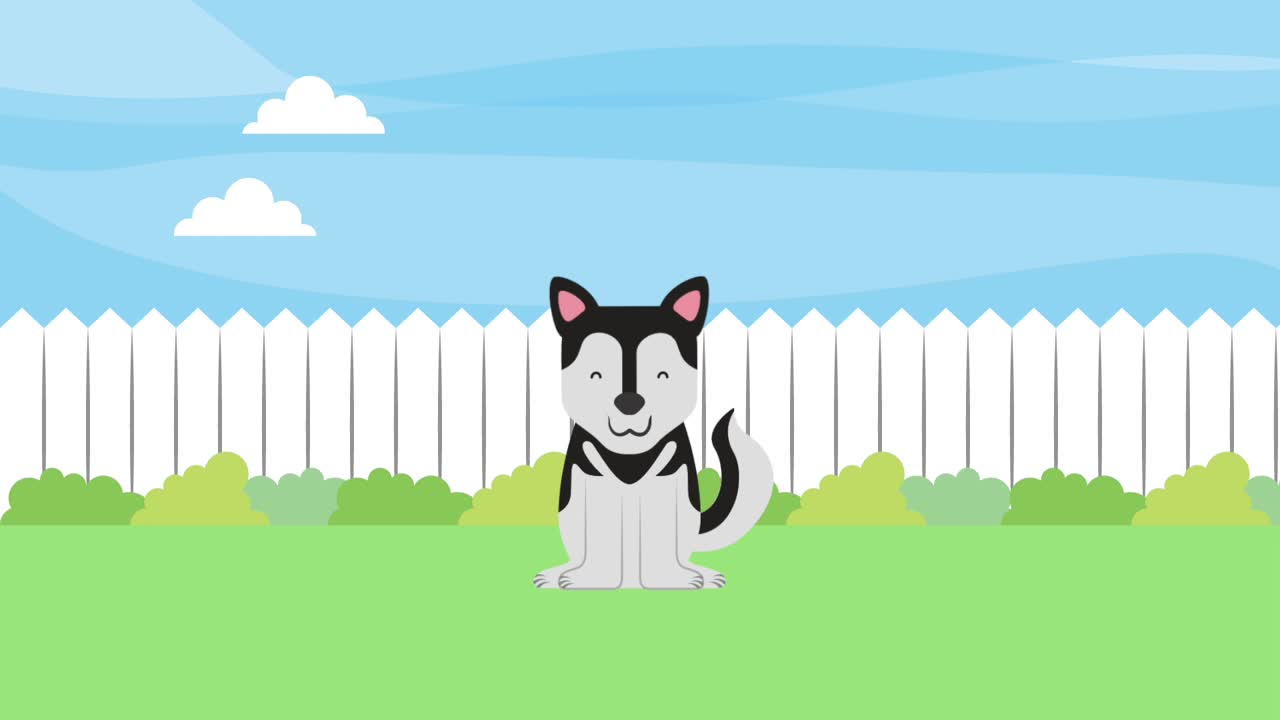 정원에서 앉아 있는 귀여운 작은 시베리아 개