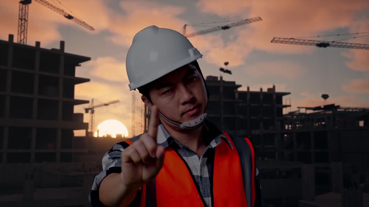 Close Up Of Asian Male Engineer With Safety Helmet Disapproving With No Index Finger Sign While Standing At Building & Construction Site in Progress to New House