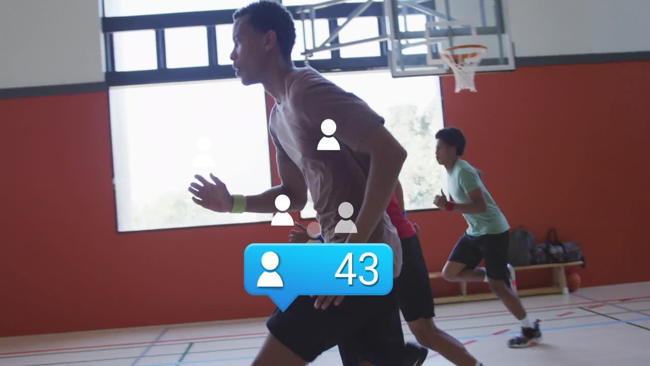 Team running drills inside basketball court, featuring animated social media icon showing 45 count