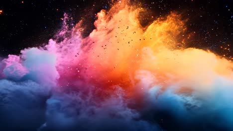 a colorful explosion of smoke and fire in the sky. the colors are vibrant and the smoke is billowing out in all directions. scene is one of excitement and wonder