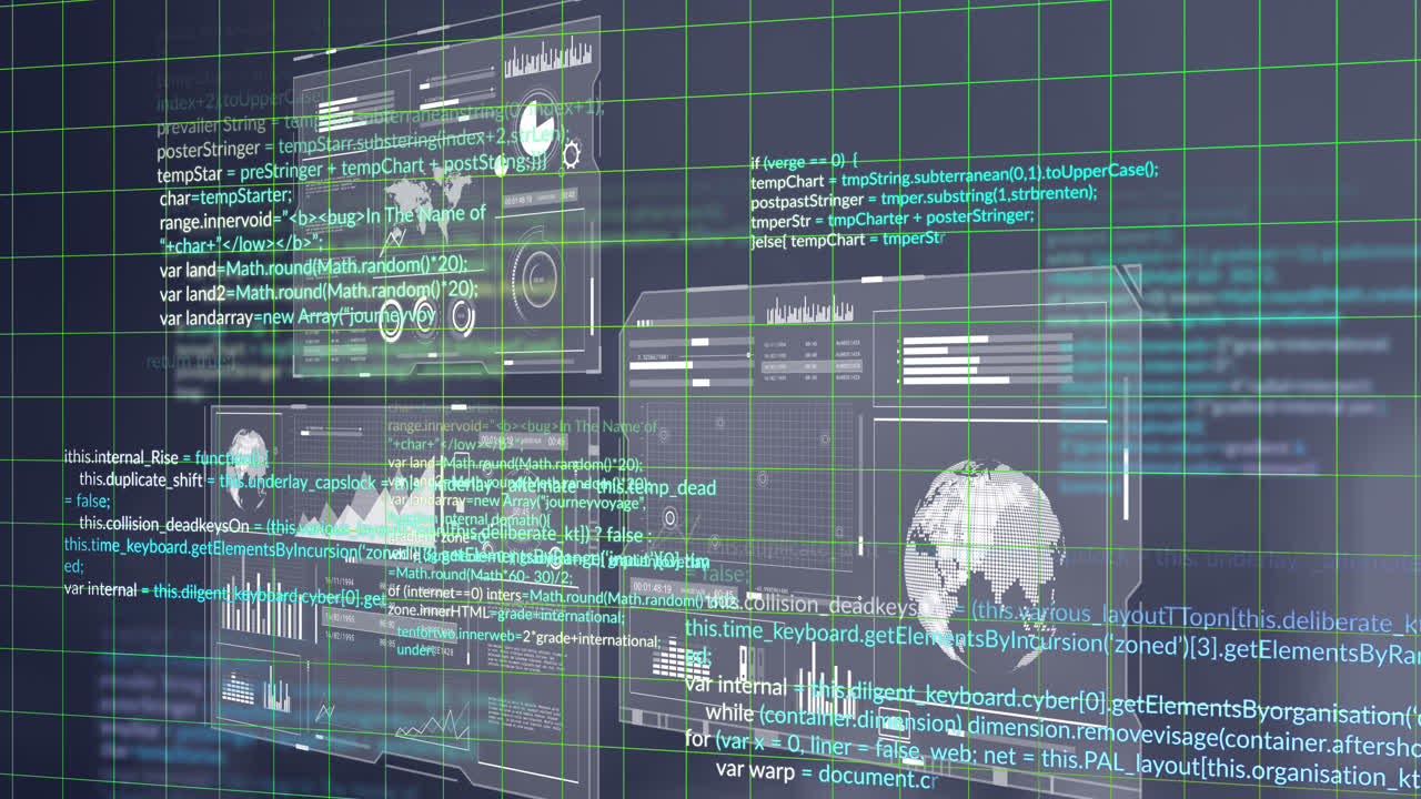 animación del procesamiento de datos financieros en pantallas y cuadrículas