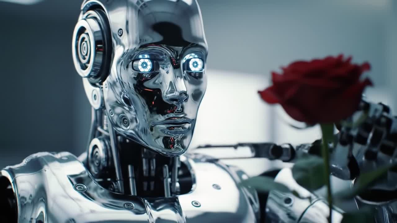 A Futuristic Robot Contemplating Love: A Reflection on Emotion and Technology as a Highly Polished android Holds a Single Rose in a Modern Setting