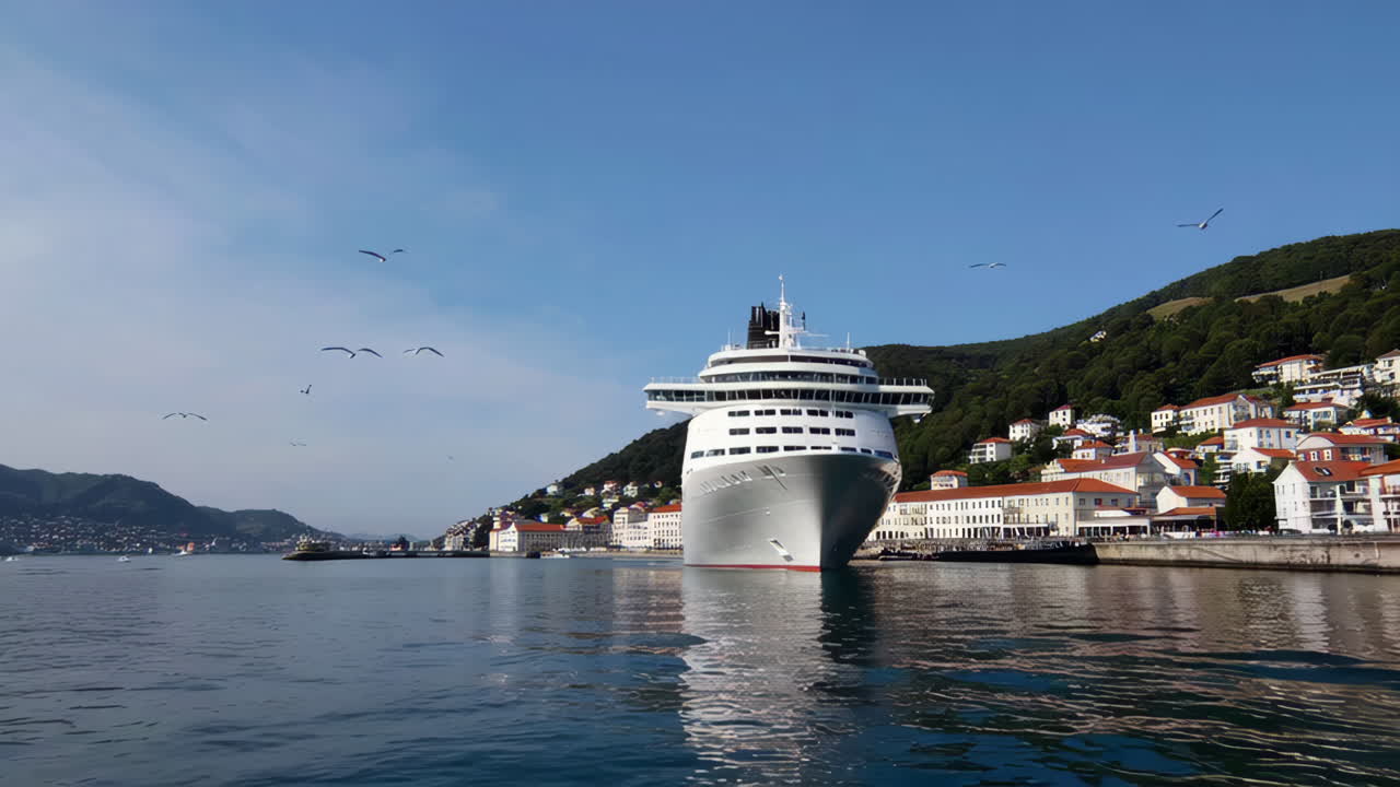 A large cruise ship docked in a picturesque harbor next to a hillside town under a clear sky