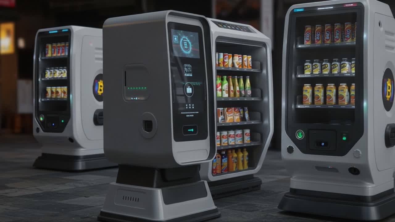 Futuristic Automated Vending Machines Displaying a Variety of Beverages, Showcasing Modern Technology and Cryptocurrency Integration in a Retail Environment