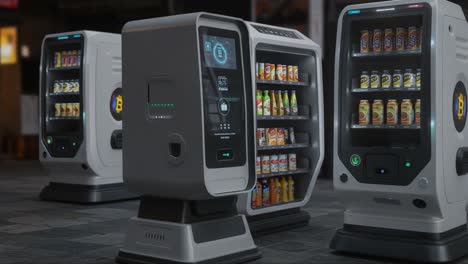 futuristic automated vending machines displaying a variety of beverages, showcasing modern technology and cryptocurrency integration in a retail environment