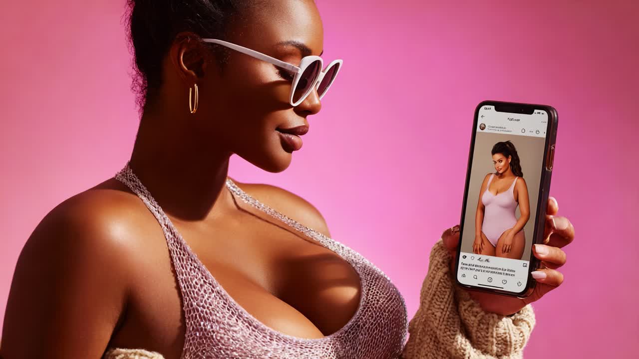 A Confident Model Showcases Fashion Trends with a Smartphone as She Exudes Style and Elegance Against a Vibrant Pink Backdrop in This Captivating Frame