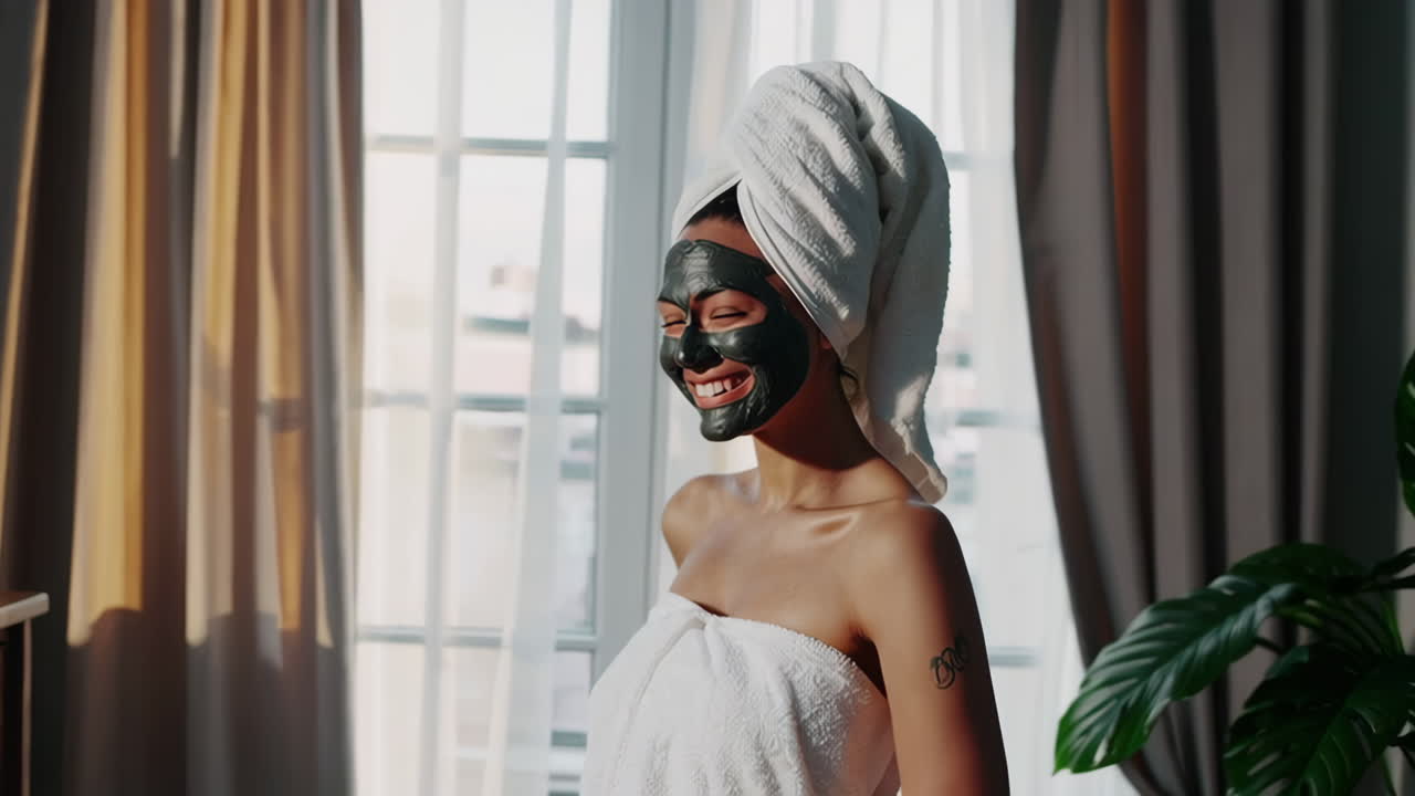 집에서 얼굴 마스크를 착용하는 여성