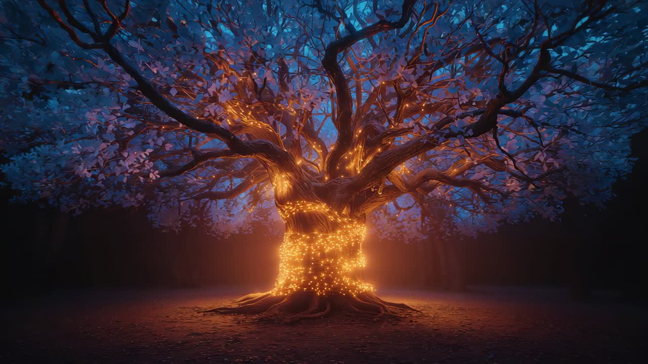Pulsing ancient tree glowing in forest clearing as twilight deepens, with golden lights spiraling