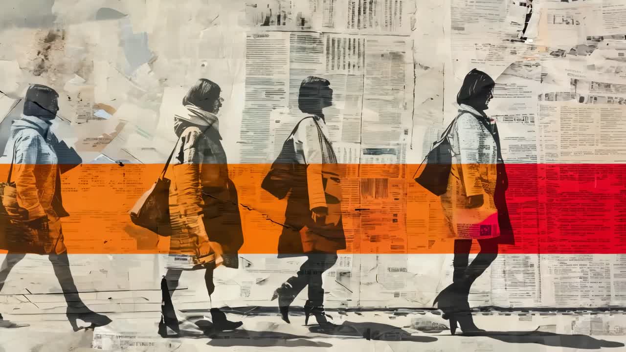 Artistic video concept of a woman walking, shown in a side profile with a layered