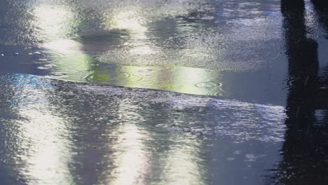 Reflejo-De-La-Sombra-De-Una-Persona-Que-Camina-A-Través-De-Charcos-De-Lluvia-En-La-Carretera-Pavimentada-Por-La-Noche-En-Tokio,-Japón