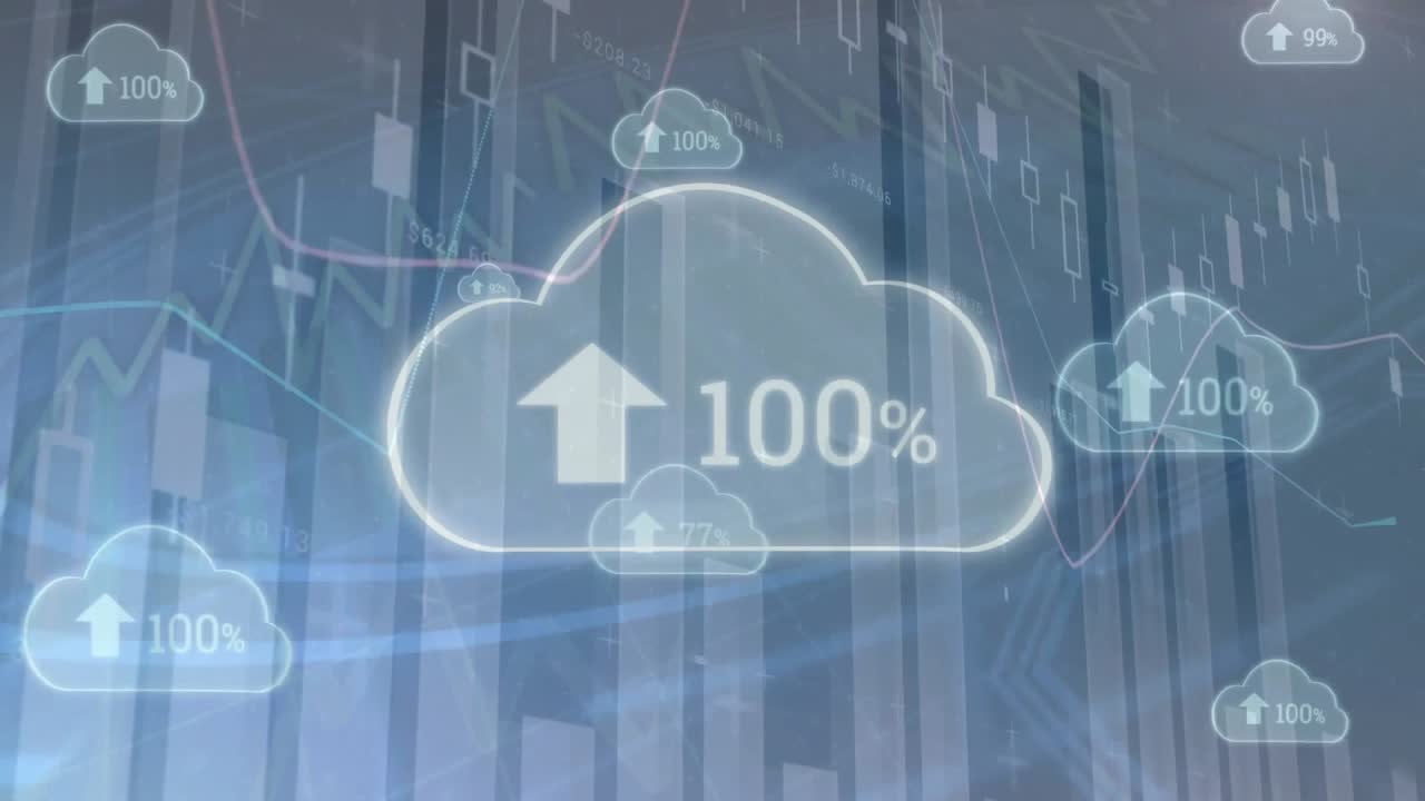 Animation of multiple graphs, clouds with 0 to 100 increasing number with percent and arrow up signs