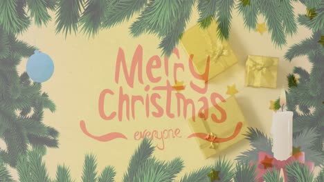 animation of christmas greetings text over christmas presents and decorations