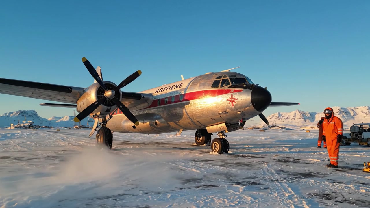 Un aereo d'epoca su una pista innevata con un cielo azzurro limpido e maestose montagne sullo sfondo durante il tramonto, che mette in mostra la storia dell'aviazione e un design senza tempo.