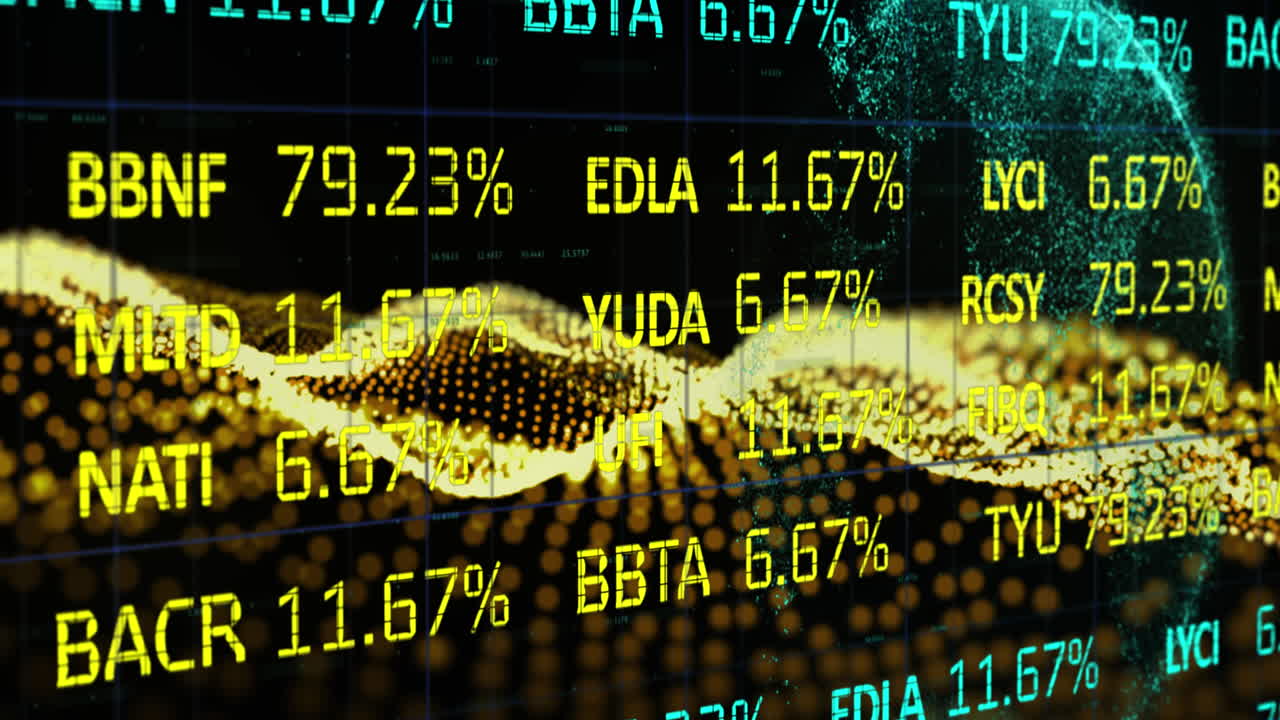 animación del procesamiento de datos sobre una malla ondulada amarilla y un globo sobre un fondo negro