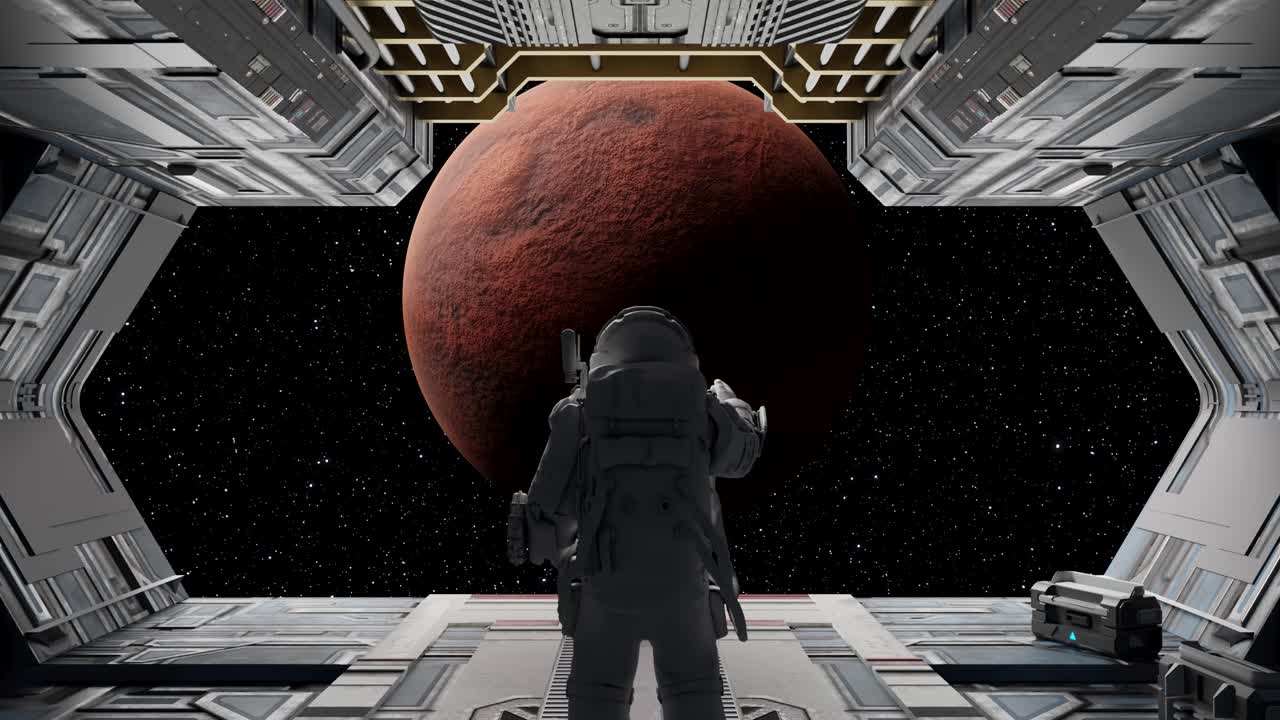 Astronaut observing mars from spaceship