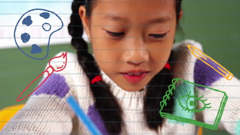 animación de objetos escolares iconos sobre la escritura escolar asiática