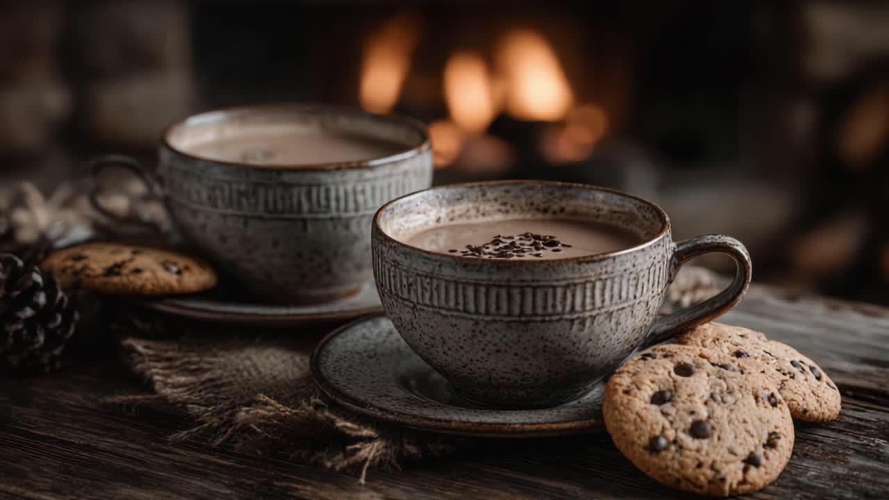 En hyggelig vinterstemning med dampende kopper varm chokolade og lækre småkager ved den varme, flakkende ild, perfekt til afslapning og hygge.