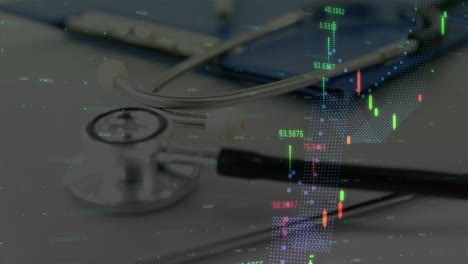 Stethoscope lying diagonally on white table, displaying digital candlestick charts and health data