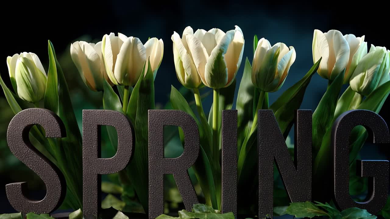 Dark background frames spring tulips. Bold letters spell "SPRING" beside fresh green leaves. Soft light highlights texture and color. Nature's renewal feels subtle and powerful