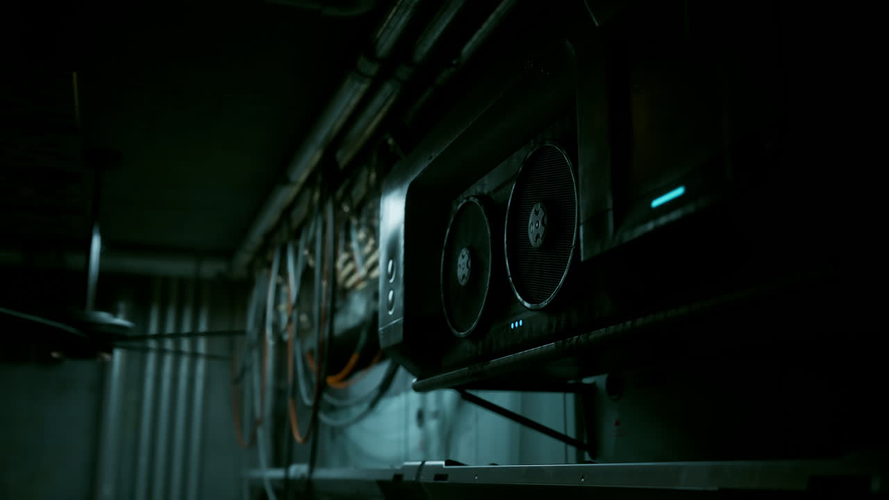 primer plano de una tarjeta gráfica con dos ventiladores en una habitación oscura