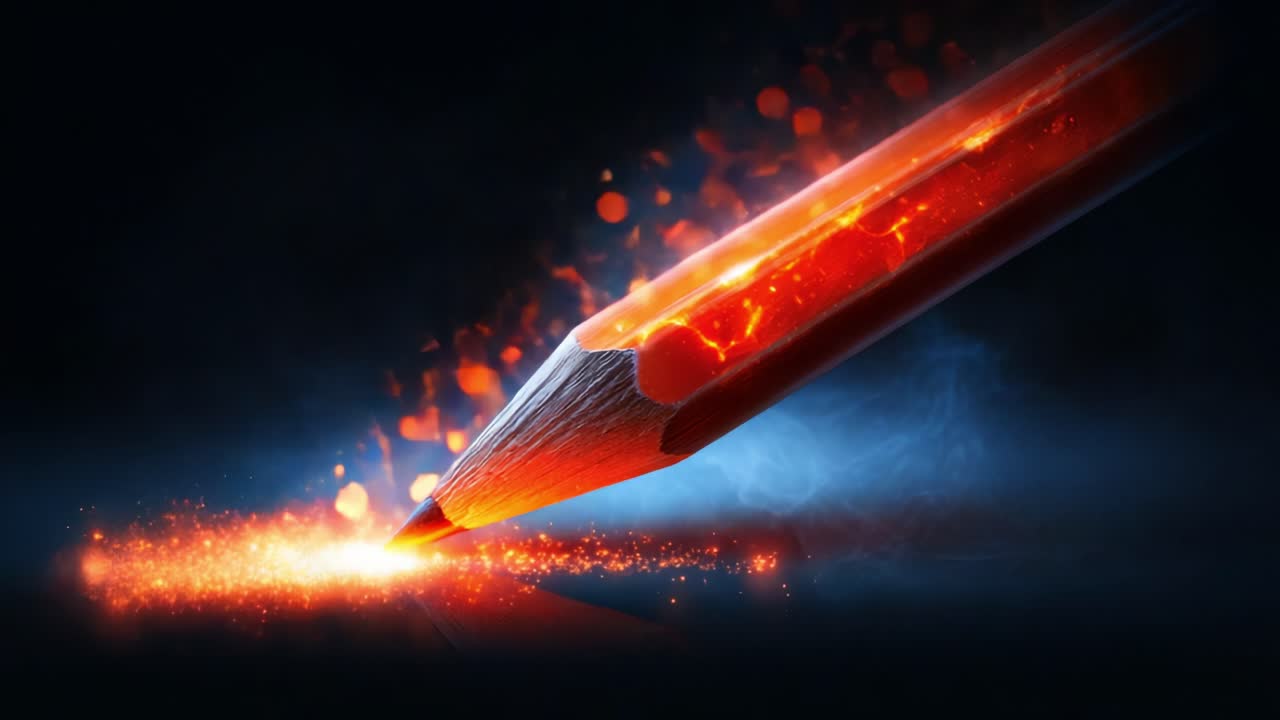 A striking visual representation of a vibrant red pencil emitting sparks and light particles, creating an imaginative scene that evokes creativity and inspiration in artistry and design