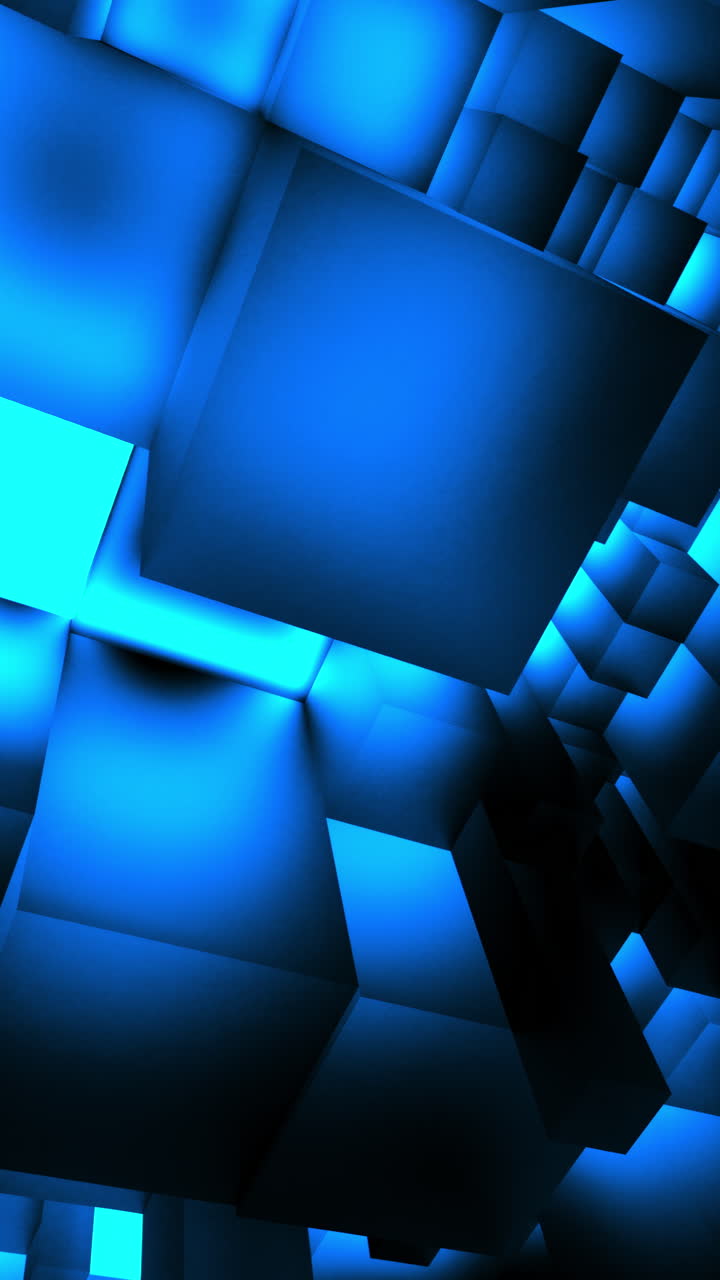 Forme cubiche blu creano una volta cavernosa, moduli azzurri luminosi si impilano in un corridoio scuro con luminescenza fredda